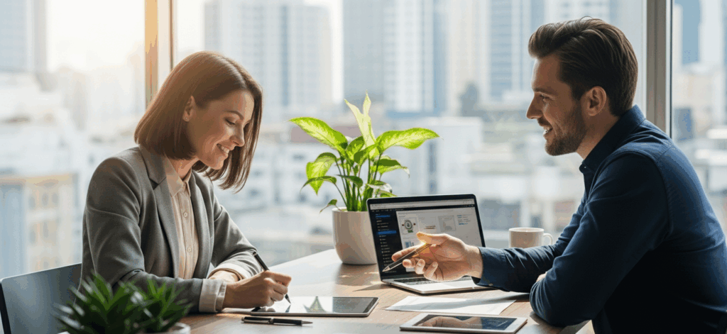 Infoprodutora assinando um Contrato de Coprodução com um Coprodutor